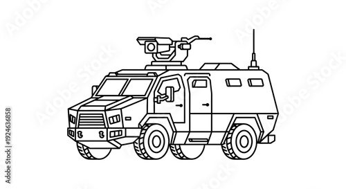 Armored Military Vehicle with Turret - Line Art Illustration