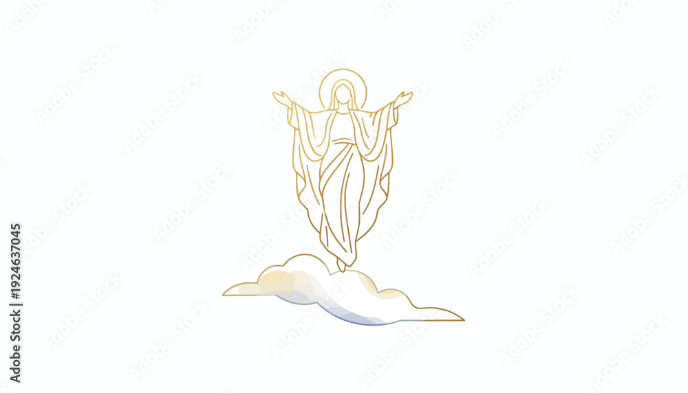 Fototapeta premium Ascension of Jesus Christ, Divine Figure Rising Above Clouds, Golden Outline, Religious Symbolism