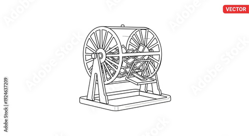 Vintage Lottery Machine Drawing, Raffle Drum, Random Selection Wheel, Black and White Outline Illustration
