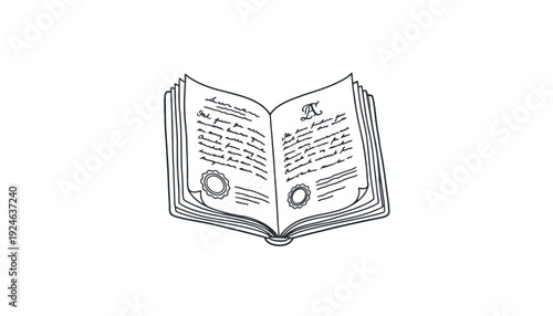 Vintage Open Book with Seals and Script - Hand-Drawn Illustration