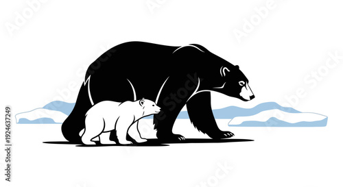 Vector illustration of a black silhouette polar bear and a white polar bear walking together on snow with iceberg and mountain range in the background, celebrating Polar Bear Day and