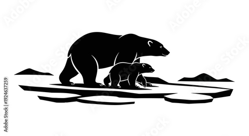 Black silhouette illustration of a polar bear and cub on melting icebergs for Polar Bears International day, featuring snow and ice in a simple design.