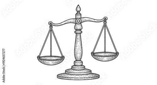 Vintage Scale of Justice Drawing, Symbol of Law, Balance, and Fairness