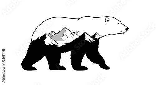Black silhouette of a polar bear with a mountain range design on a white background, representing Polar Bears International and Polar Bear Day.