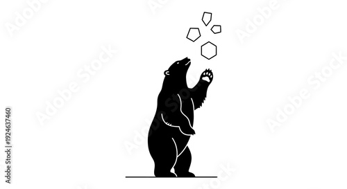 Black silhouette illustration of a polar bear playing with icebergs on International Polar Bear Day with a simple white background.