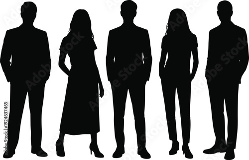 PrintSilhouette group of diverse people standing together, casual clothing styles, anonymity concept, diversity, teamwork, social group illustration