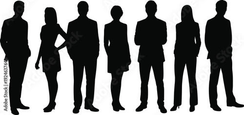 PrintSilhouette of diverse business professionals standing together, corporate teamwork, workplace unity, professional attire illustration, office culture design