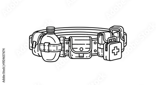 Survival Utility Belt with Water Canteen and First Aid Kit - Line Art Illustration