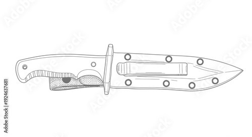 Tactical Knife with Sheath - Line Art Illustration