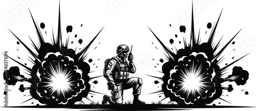 Soldier in tactical gear kneeling and using radio communication between two large battlefield explosions in a black and white high contrast vector illustration style.
