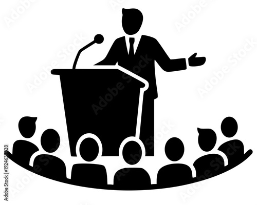 Black silhouette of a male speaker giving a speech at a podium with a microphone, addressing a seated audience. Ideal for public speaking, leadership, and seminar concepts on a plain background.