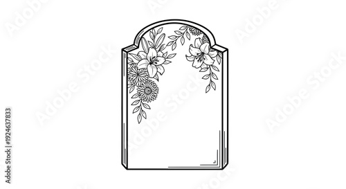 Tombstone with Floral Wreath, Memorial Stone, Cemetery Marker, Funeral Symbol, Black and White Line Art