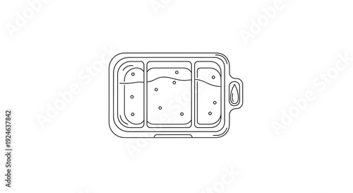 Top view of a divided lunch box with food and drinks