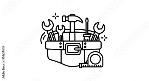 Toolbox with Assorted Tools: Hammer, Wrenches, Screwdriver, Tape Measure - Line Art Icon