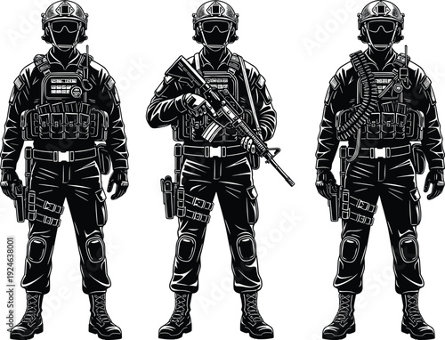 special operations soldier, tactical military character, black and white, military vector art, tactical gear set, soldier with rifle, combat mission character, special 