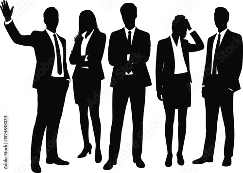 PrintSilhouette of five business professionals standing together, corporate teamwork, workplace diversity, professional attire illustration, office culture design