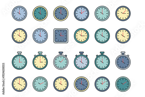 Collection of assorted stopwatches and clocks in various styles and colors on white background for time management