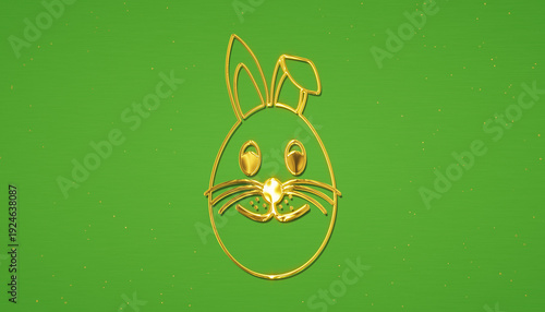 Illustration of a Happy Easter greeting card with a golden Easter egg and rabbit face on a green background with glitter – vacation concept.