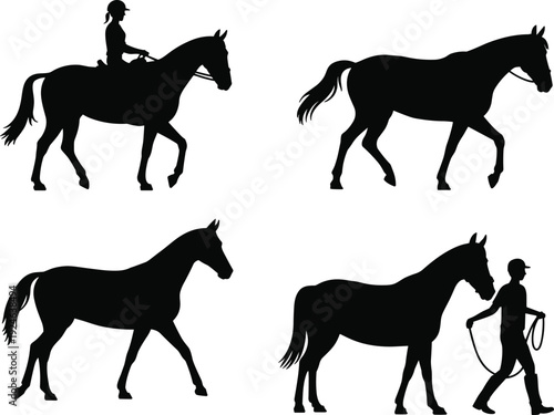 PrintSilhouette of horses with people, horseback riding, leading horse, farm animals, equestrian activity, rural lifestyle illustration design
