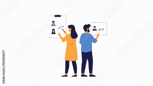 Teamwork and Collaboration: People planning strategy with flowchart on whiteboard