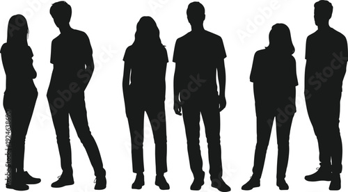 PrintSilhouette of six people standing in pairs, casual clothing, social interaction, human connection illustration, modern lifestyle design