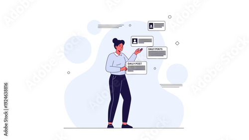 Woman analyzing data, presenting information, modern flat illustration