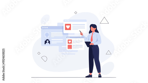 Woman Analyzing Social Media Feed with Likes and User Profiles