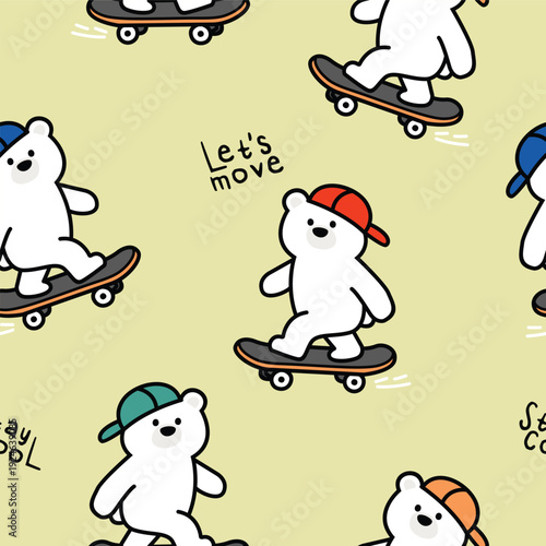 Cute Polar Bears Skateboarding Seamless Pattern