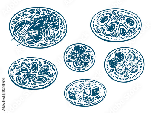 Mediterranean seafood and food vector doodle set on decorative patterned plates, hand-drawn line art, including lobster, oysters, mussels, lemons, cheese and figs