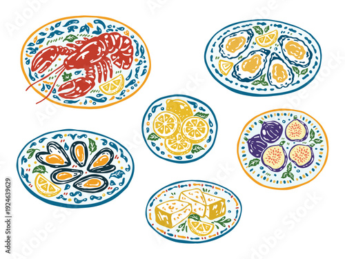 Mediterranean seafood and food vector doodle set on decorative patterned plates, hand-drawn colorful naive style, including lobster, oysters, mussels, lemons, cheese and figs