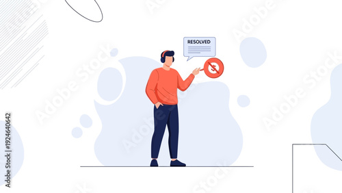Customer service agent with headset and resolved issue icon, flat illustration