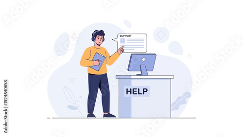 Customer service agent with headset and tablet at help desk, explaining information