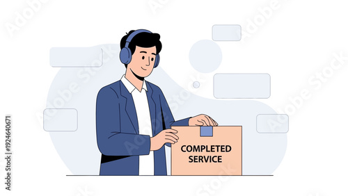Customer service agent with headset closing a completed service package box