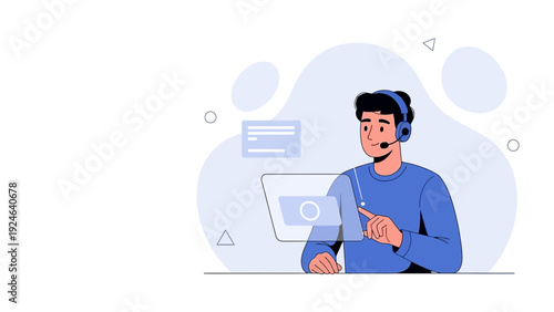 Customer service agent with headset, working on computer, flat illustration