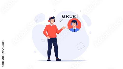 Customer service agent with headset resolves issue with client icon