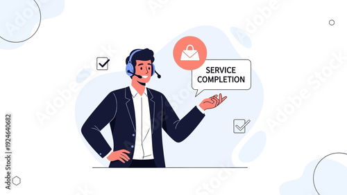 Customer service agent with headset, service completion, support, communication, business concept