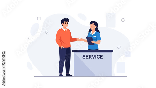 Customer service interaction, handshake at service desk