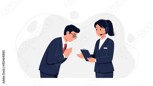 Customer service representative assisting a client with a handshake gesture and a clipboard