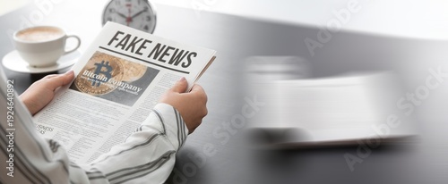 Valokuva Woman reading morning newspaper indoors. Banner for design