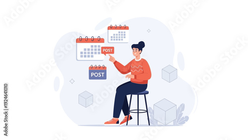 Woman scheduling social media posts on calendar, planning content strategy