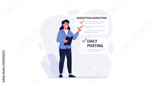 Woman checking marketing tasks on checklist, daily posting, business planning