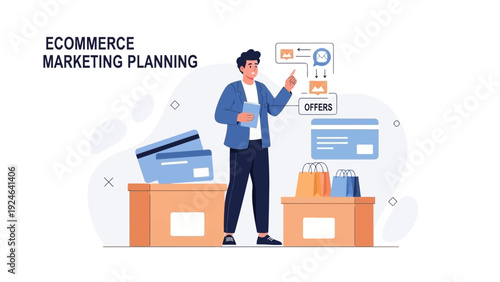 Ecommerce Marketing Planning: Man with Shopping Bags, Boxes, Credit Cards