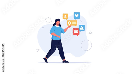 Woman interacting with social media notifications and icons, digital communication concept
