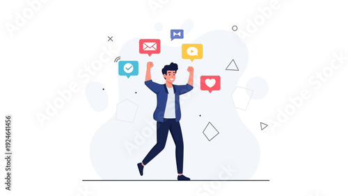 Excited Man Celebrating Social Media Success with Icons