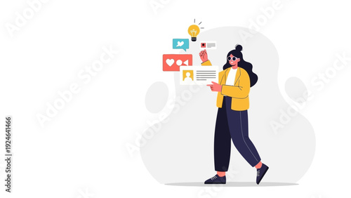 Woman interacting with social media profiles and digital content, idea lightbulb