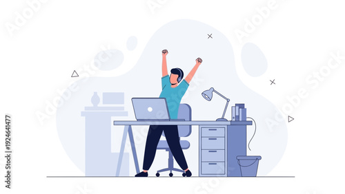 Excited Person Celebrating Success at a Desk with Laptop and Headphones