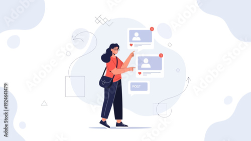 Woman interacting with social media posts and notifications on abstract background