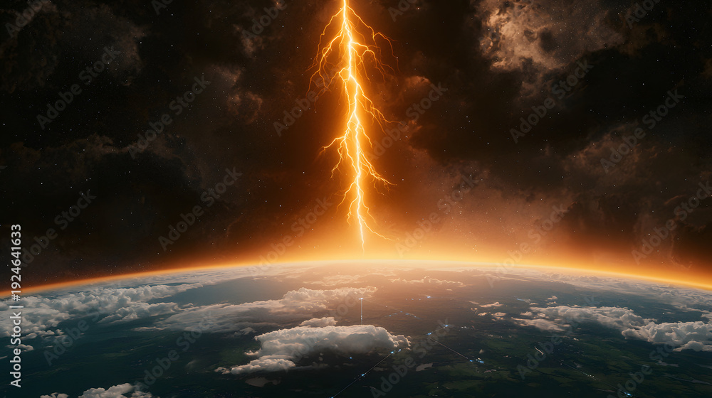 Obraz premium Dramatic lightning strike illuminates atmosphere above Earth, showcasing stunning celestial