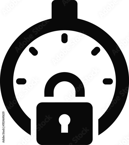 Time lock black glyph icon. Stopwatch with padlock symbol for security, deadline, and access control. isolated on Transparent Background