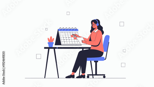 Woman planning schedule on calendar at desk with headphones